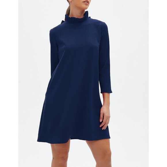 Women's Fall Bow Tie Dress Casual Mini Ruffle Mock Neck Long Sleeve Shift - Picture 5 of 6